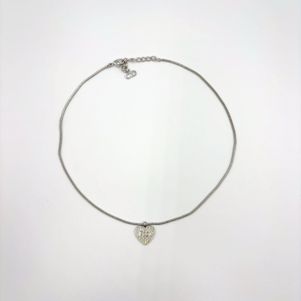 Dior Rhinestone Logo Heart Metal Color Clear Silver Necklace — view 3