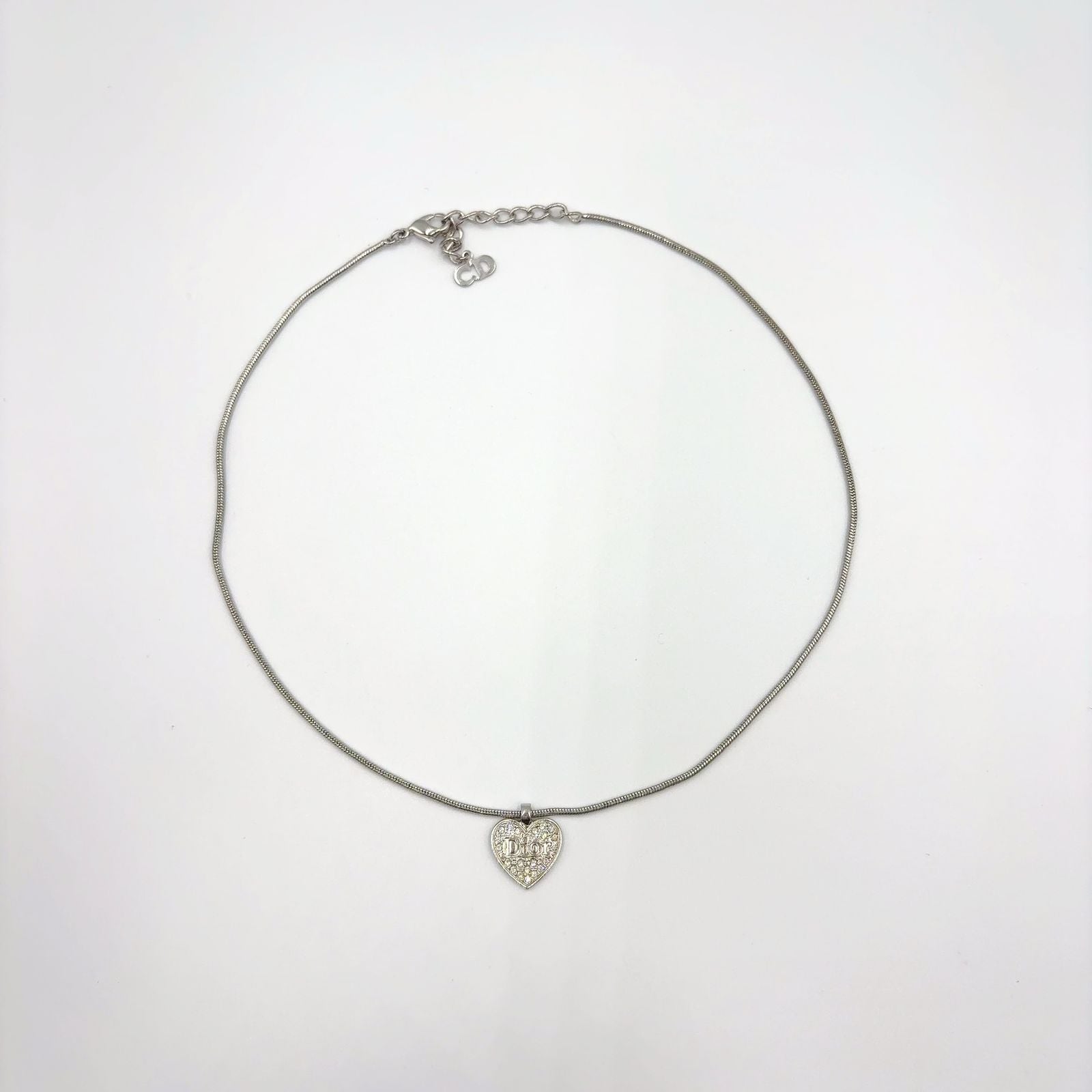 Dior Rhinestone Logo Heart Metal Color Clear Silver Necklace — view 3