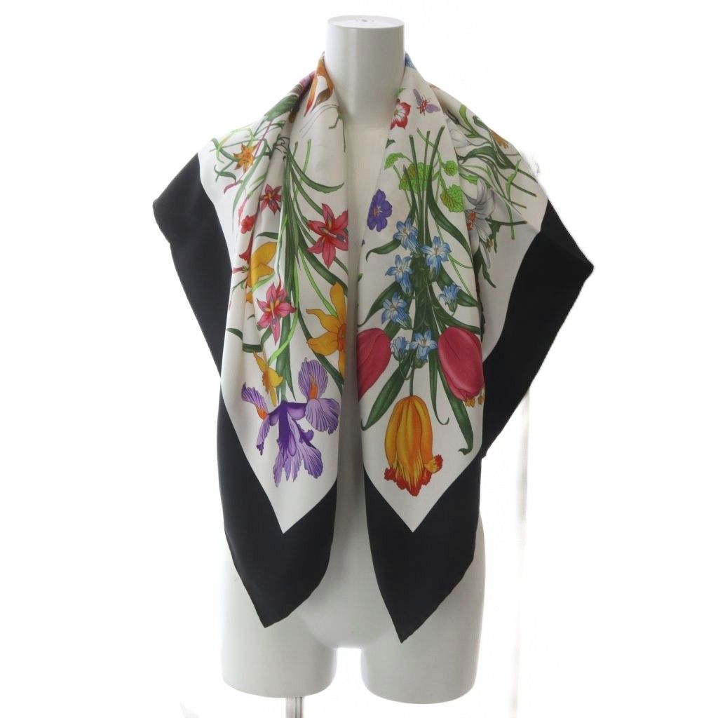 Gucci Flora Print Silk Twill Scarf White Black — view 6