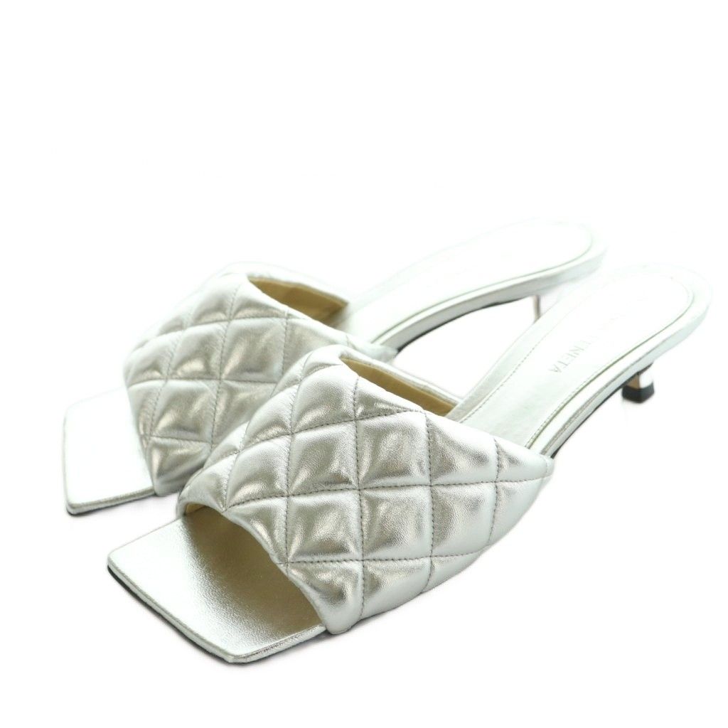Bottega Veneta Padded Quilted Mules Sandals Square Toe 36 Silver Color