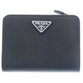 Prada Compact Wallet Bifold Coin Case Black Leather Nylon Silver