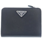Prada Compact Wallet Bifold Coin Case Black Leather Nylon Silver