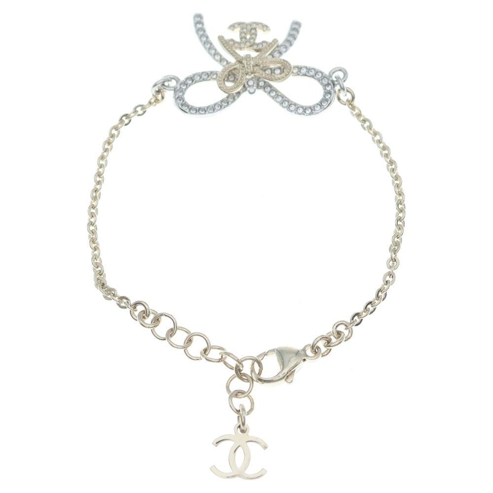 Chanel CC Logo Ribbon Rhinestone Bracelet Gold — view 2
