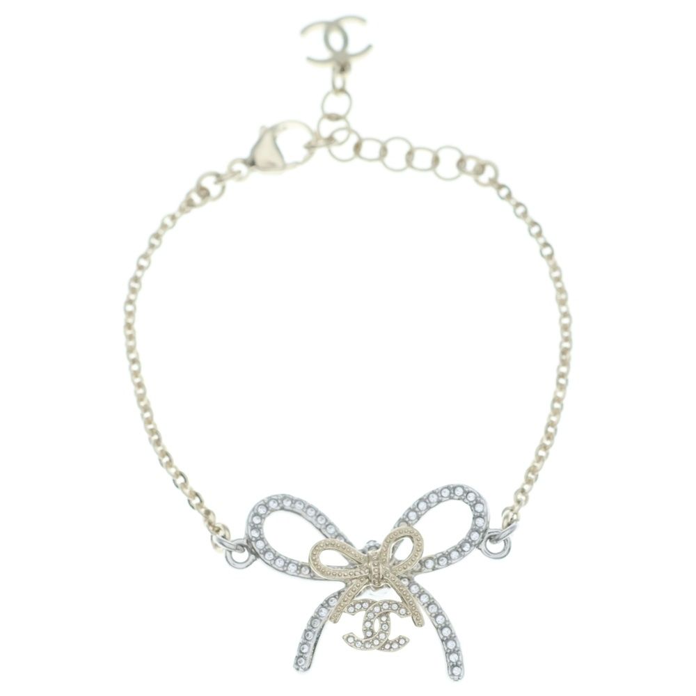 Chanel CC Logo Ribbon Rhinestone Bracelet Gold