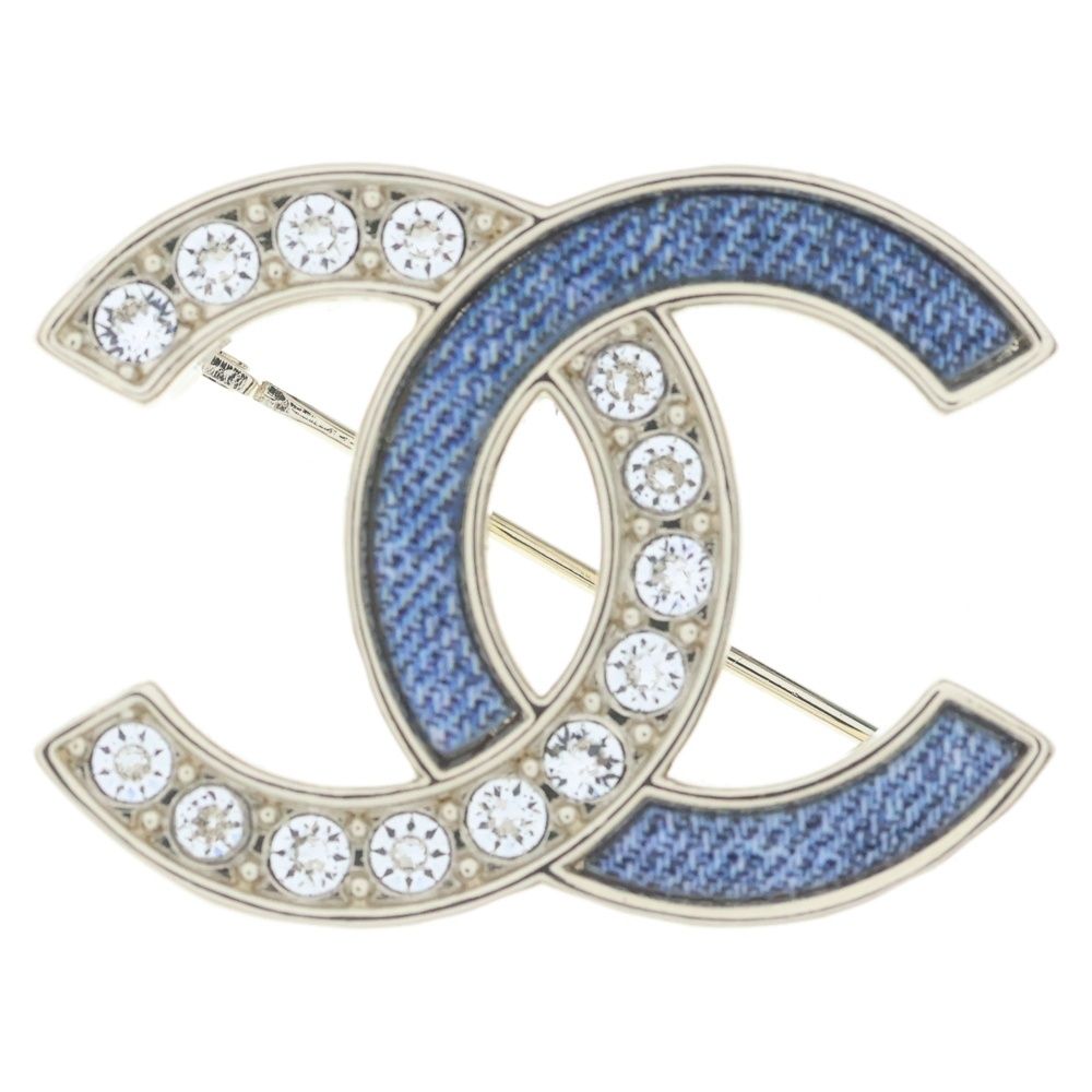 Chanel CC Logo Rhinestone Denim Brooch