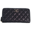 Chanel Rhinestone CC Logo Quilted Zip Around Wallet Card Case Black Caviar