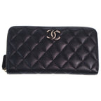 Chanel Rhinestone CC Logo Quilted Zip Around Wallet Card Case Black Caviar