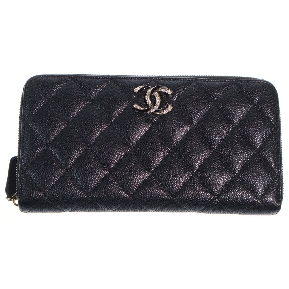Chanel Rhinestone CC Logo Quilted Zip Around Wallet Card Case Black Caviar