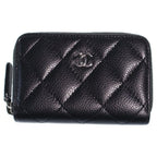 Chanel Quilted Coin Case Mini Wallet Black Caviar Leather Silver