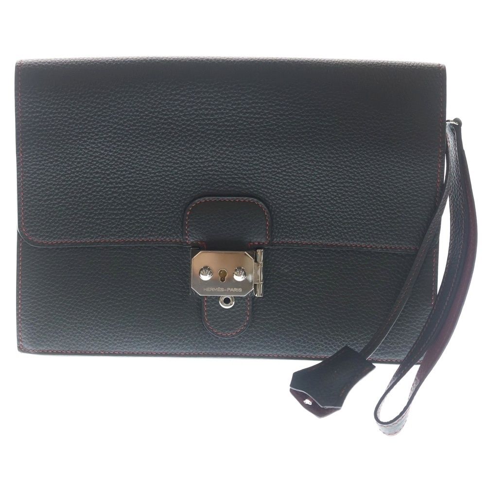 Hermes Sac a Depeches 24 Togo Leather Clutch Second Silver Black
