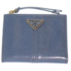 Prada Bifold Wallet Compact Coin Case Aviator Blue Soft Looks Leather Gold