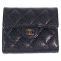 Chanel Quilted Trifold Compact Wallet Coin Case Black Caviar Leather Gold