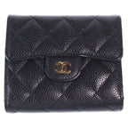 Chanel Quilted Trifold Compact Wallet Coin Case Black Caviar Leather Gold