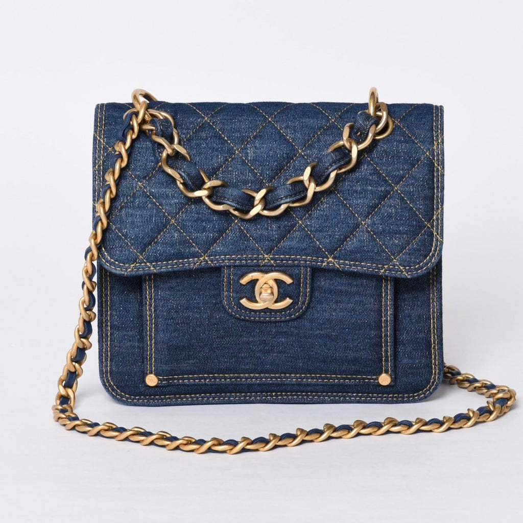 Chanel Chain Shoulder Bag Base CC Logo Denim Indigo Blue Quilted