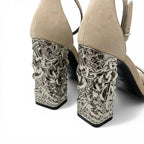 Hermes Gram 105 Sandals Shoes Suede Metal Beige Silver Chaine D'ancre Heels — view 9
