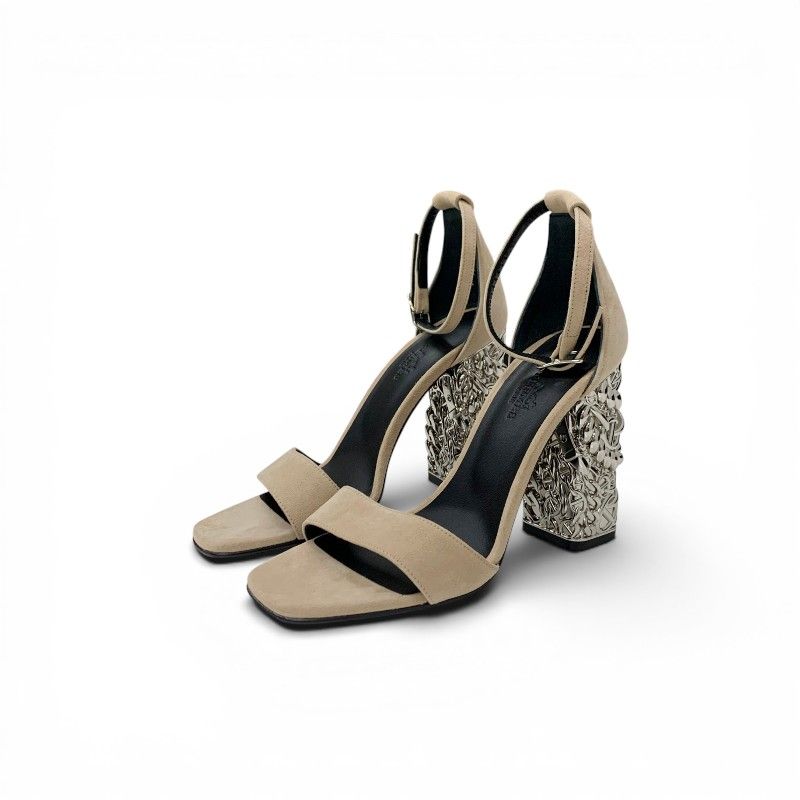 Hermes Gram 105 Sandals Shoes Suede Metal Beige Silver Chaine D'ancre Heels