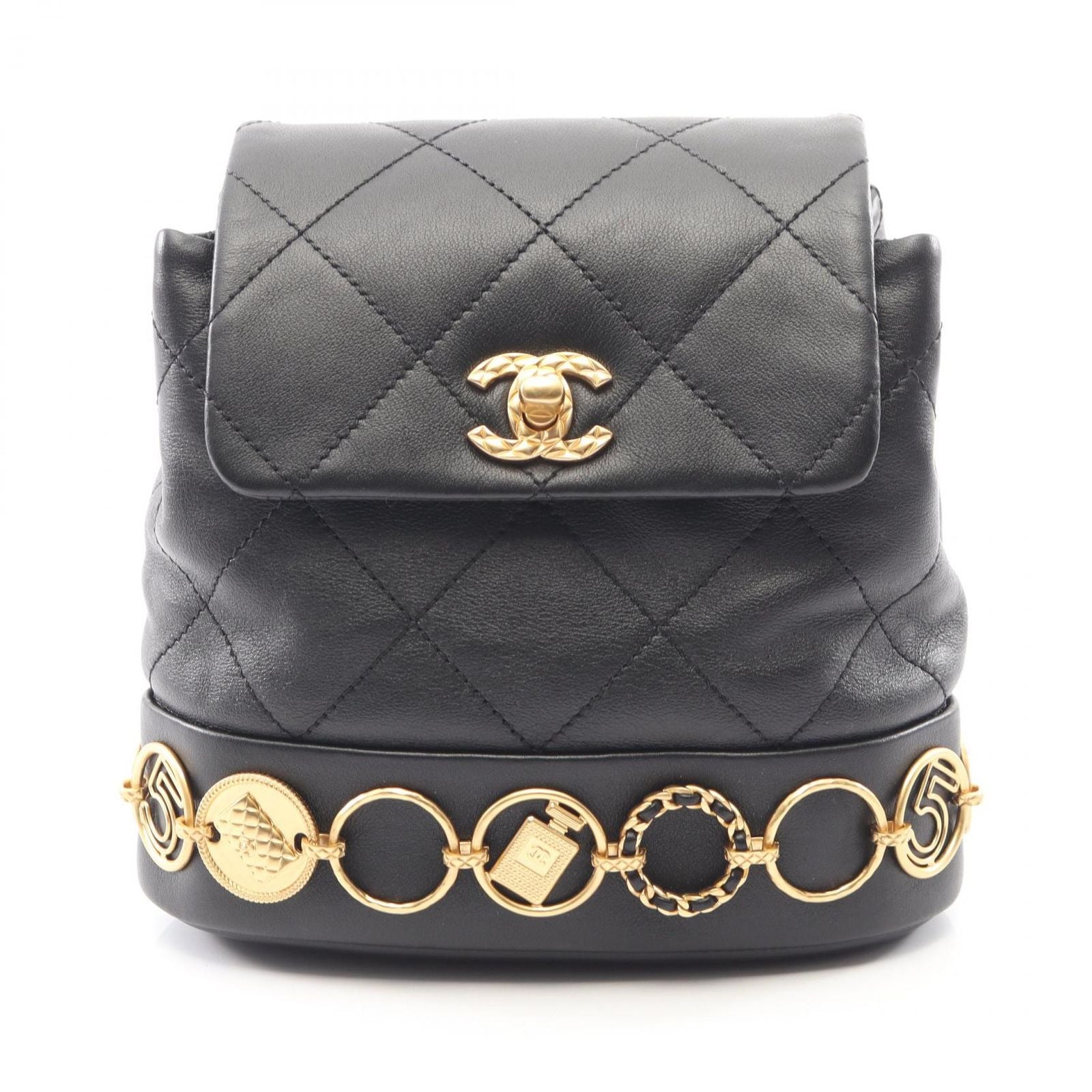 Chanel Backpack Quilted Small Chain Black Lambskin Icon Charm