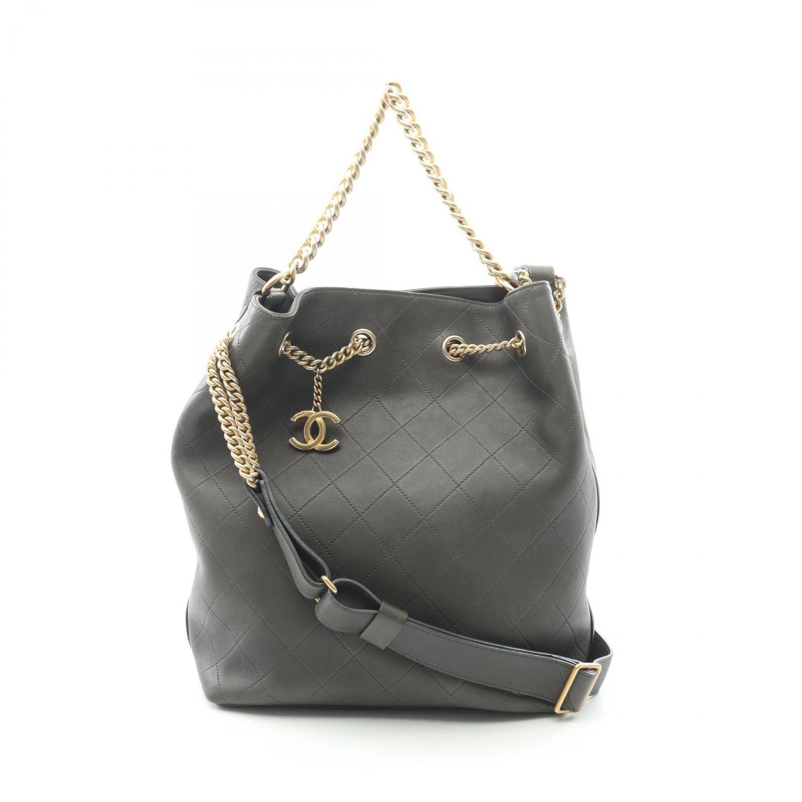 Chanel Shoulder Bag Quilted 2-Way Khaki Leather Drawstring