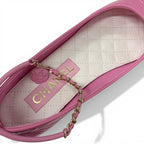 Chanel Flat Shoes Leather Pink Gold CC Logo Camellia Chain Strap Processing — view 7