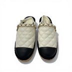 Chanel Sandals Shoes Leather Cork Fabric Off White Black Gold CC Logo Quilted — view 2