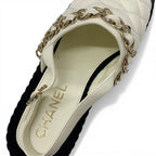 Chanel Sandals Shoes Leather Cork Fabric Off White Black Gold CC Logo Quilted — view 7