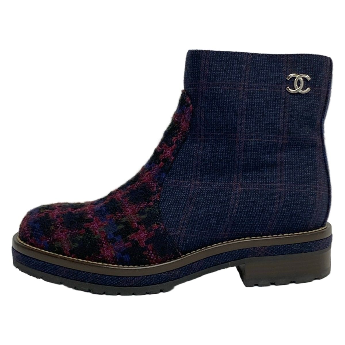 Chanel Short Boots 36.5 Navy Bordeaux Multi