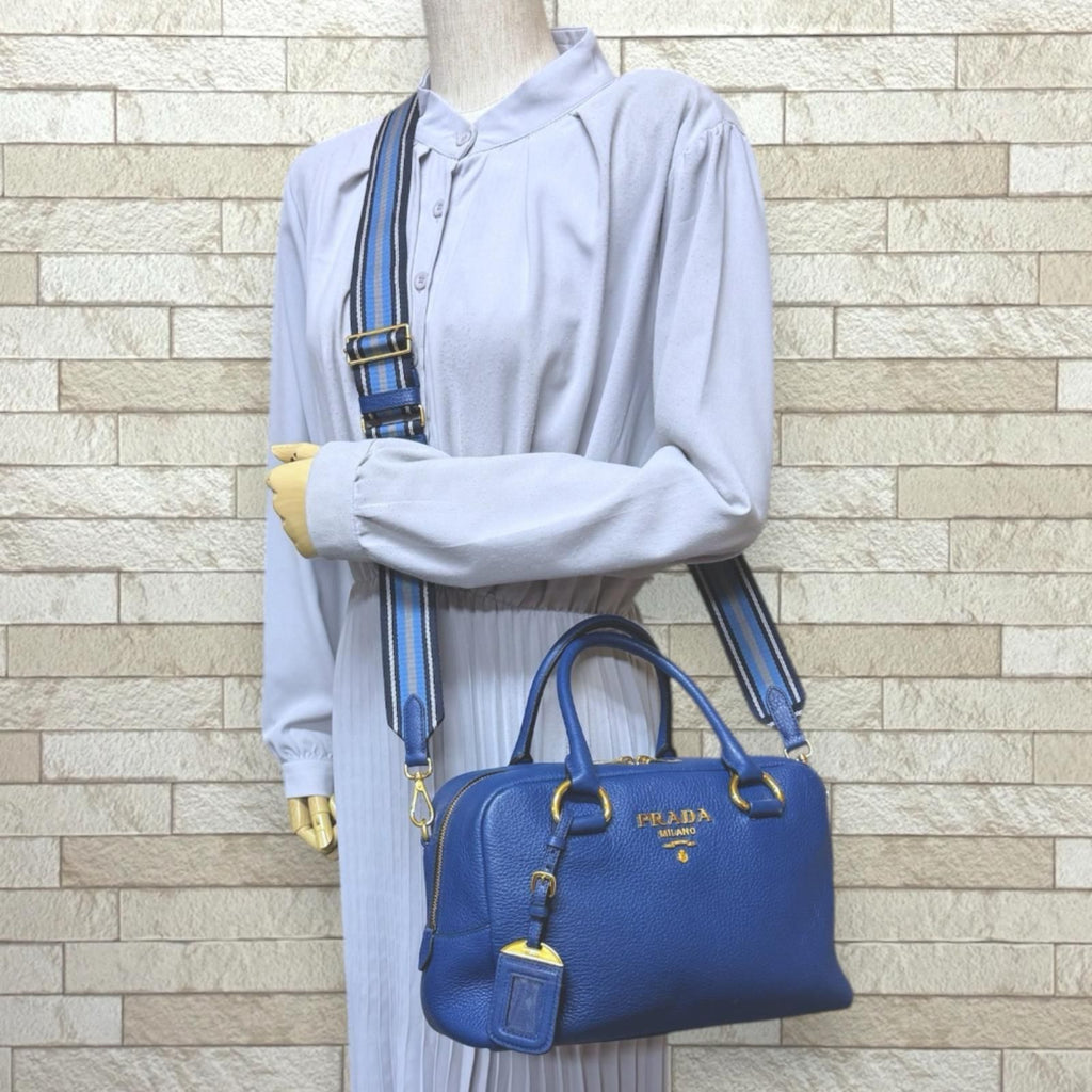 Prada Mini Boston Vitello Phoenix Shoulder Bag Leather Blue — view 2