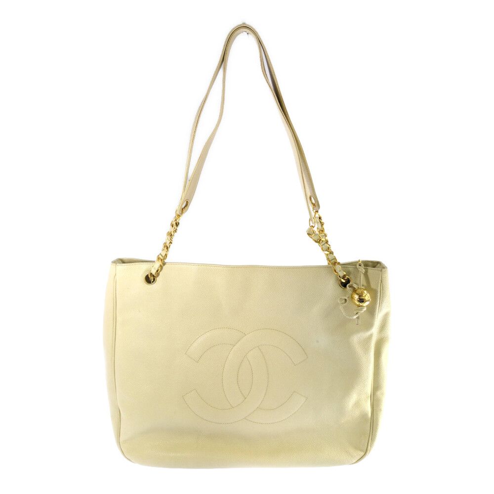 Chanel Caviar Leather Jumbo CC Logo Chain Tote CC Beige Gold Vintage