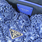 Prada Raffia Crochet Canapa Tote Handbag Triangle Logo Basket Blue Shoulder — view 6