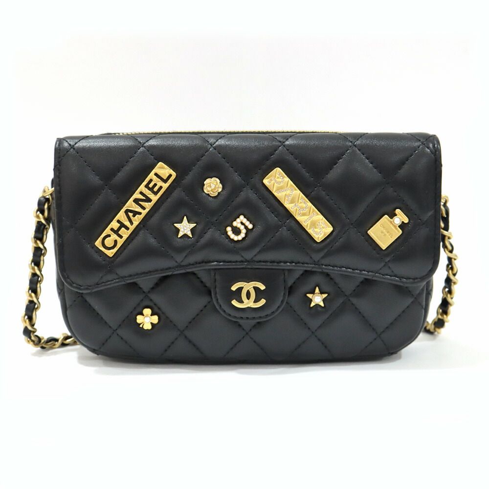 Chanel Phone Case Black Charm Shoulder Bag Chain Wallet Rhinestone Gold