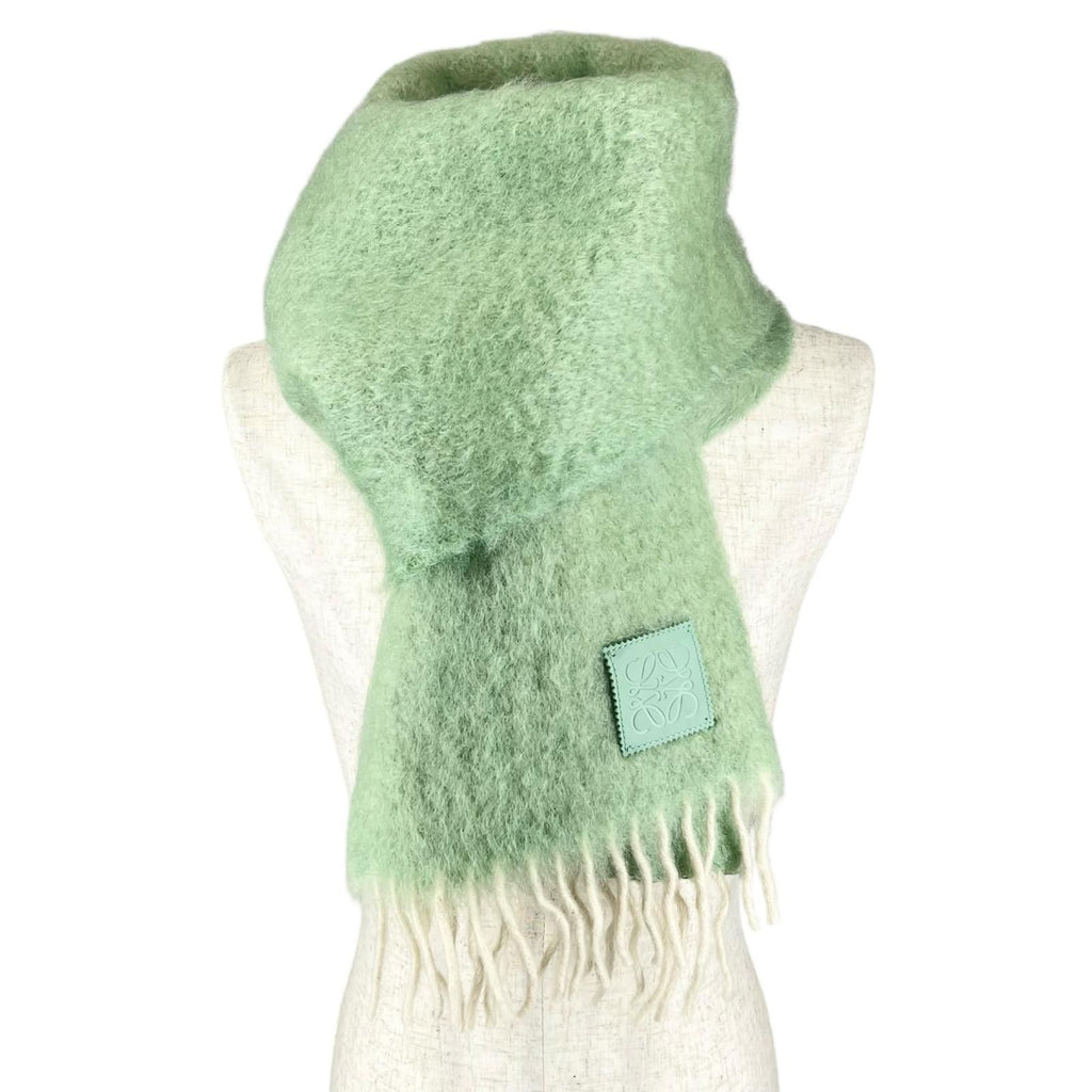 Loewe Mohair Wool Anagram Leather Patch Fringe Scarf Green — view 2