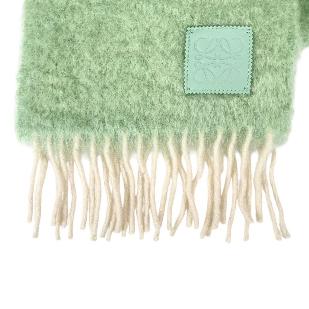 Loewe Mohair Wool Anagram Leather Patch Fringe Scarf Green — view 4