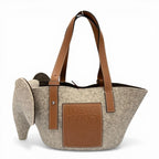 Loewe Felt Leather Elephant Basket Anagram Logo Handbag Gray Brown
