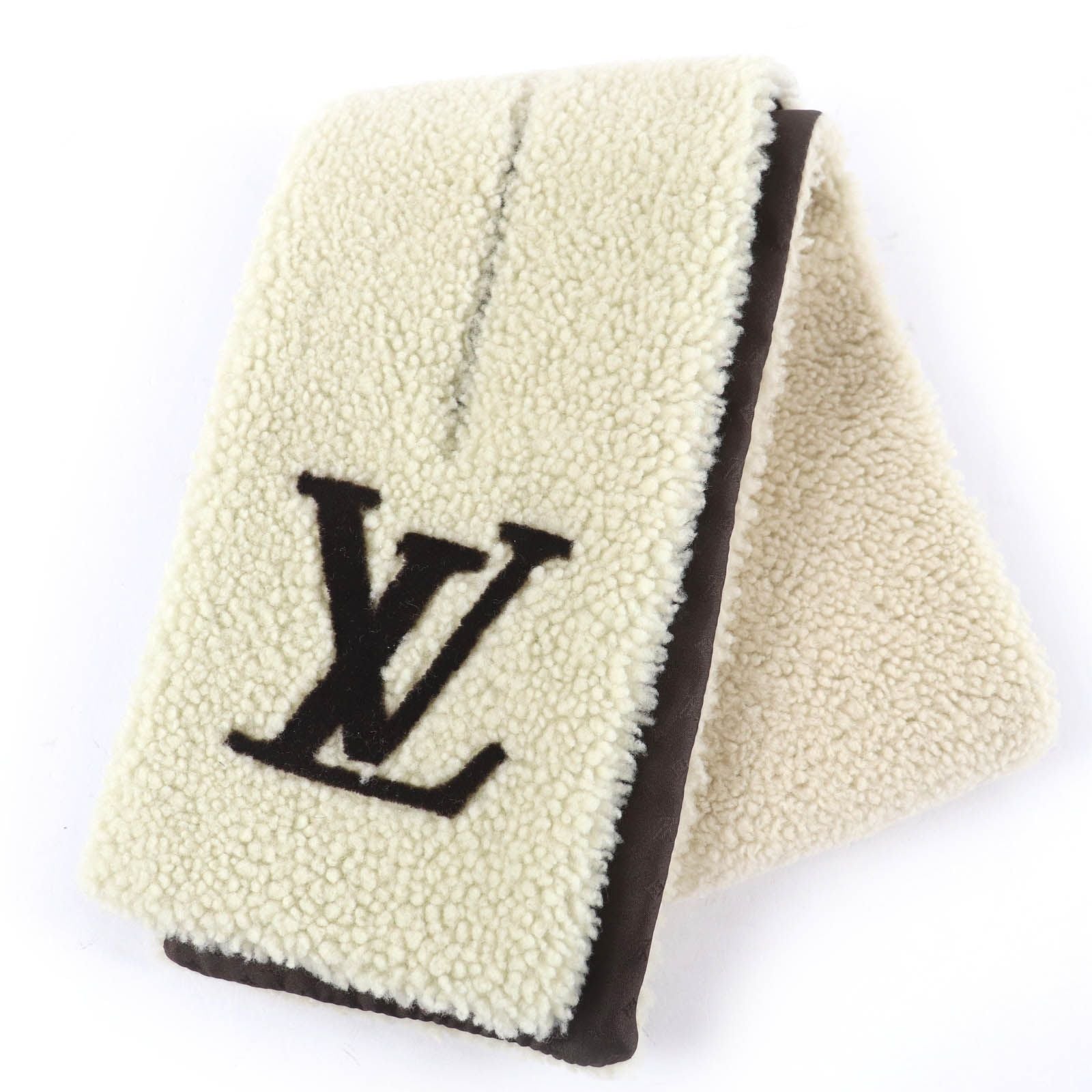 Louis Vuitton LV Logo Shearling Fur Tippet Shawl Scarf Ivory
