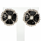 Chanel Camellia Pearl CC Logo Earrings Black Silver