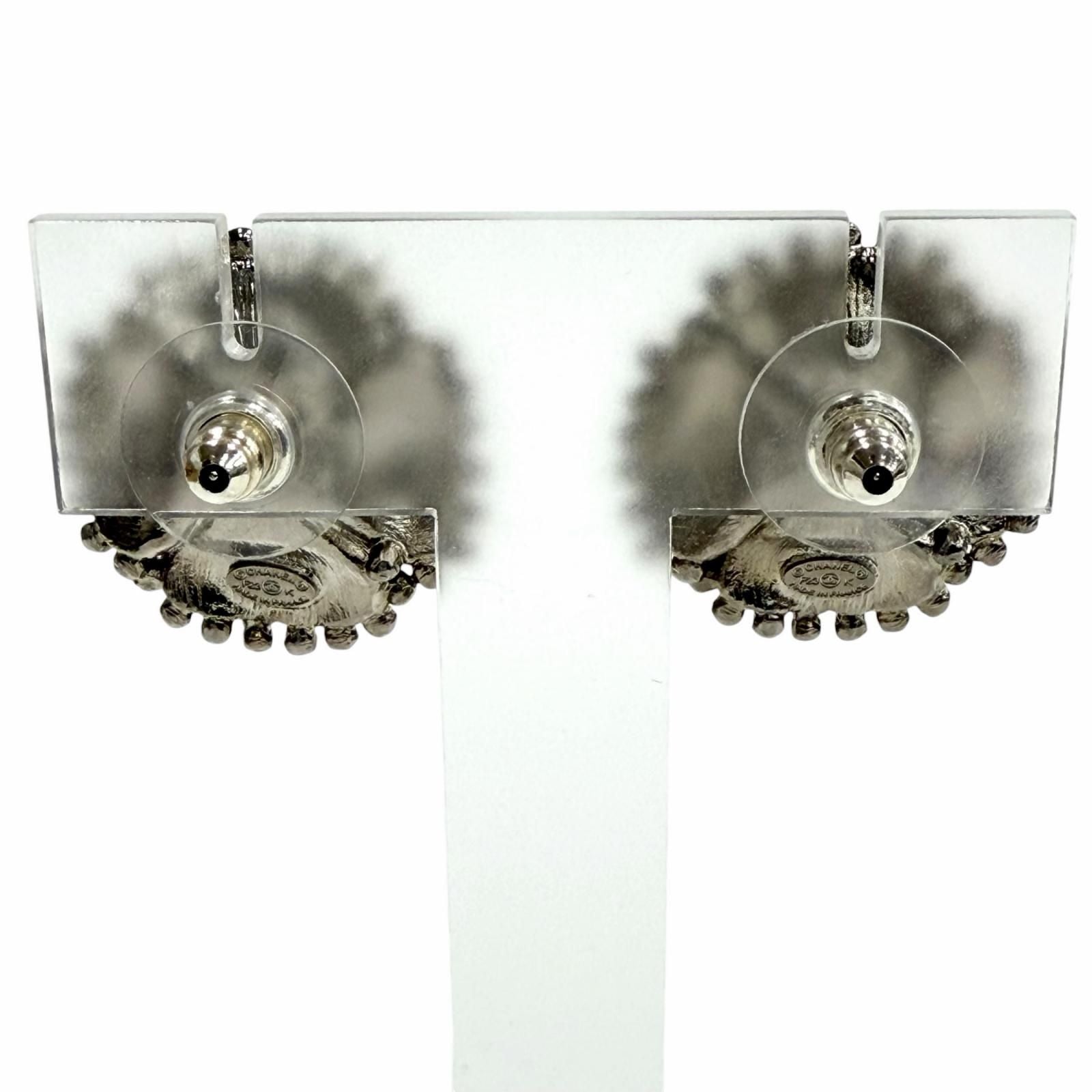 Chanel Camellia Pearl CC Logo Earrings Black Silver — view 3