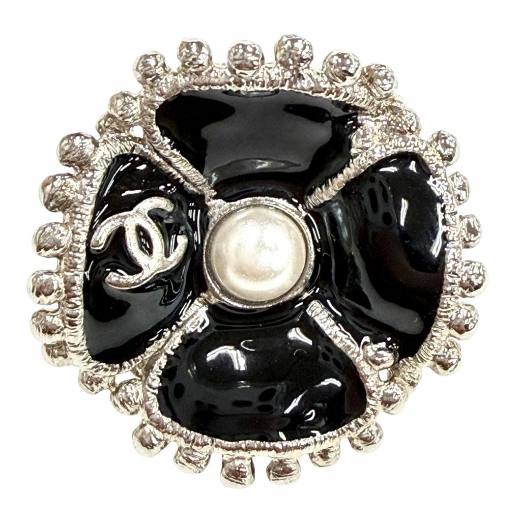 Chanel Camellia Pearl CC Logo Earrings Black Silver — view 5