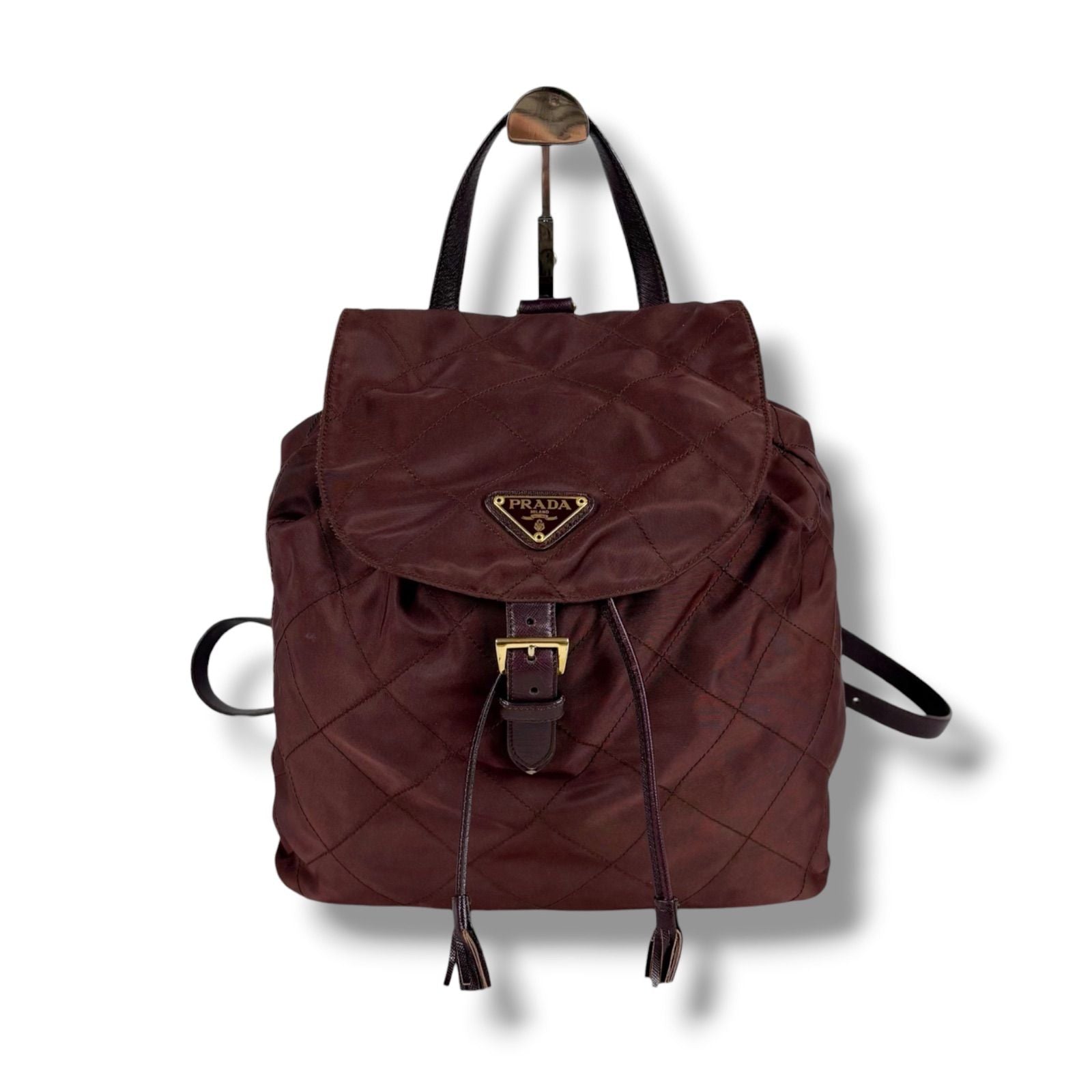 Prada Quilted Processing Tassel Charm Backpack Tessuto Nylon Wine Red
