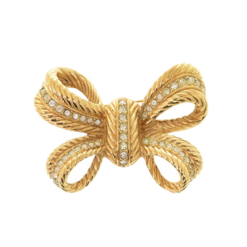 Dior Ribbon Metal Rhinestone Gold Brooch