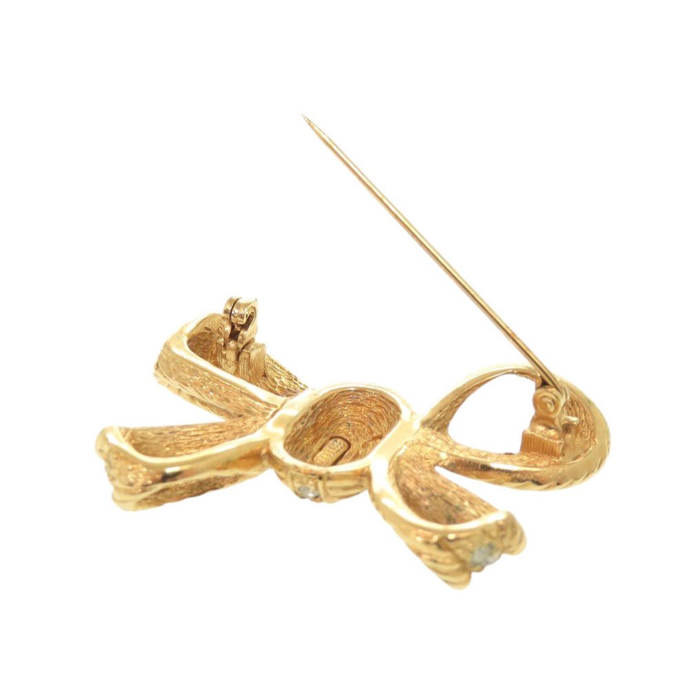 Dior Ribbon Metal Rhinestone Gold Brooch — view 4