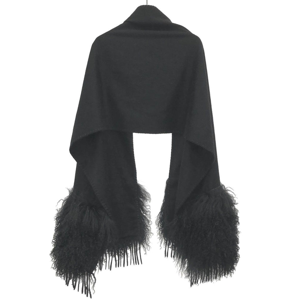 Fendi Fur Fringe Cashmere Shawl Black Scarf — view 2