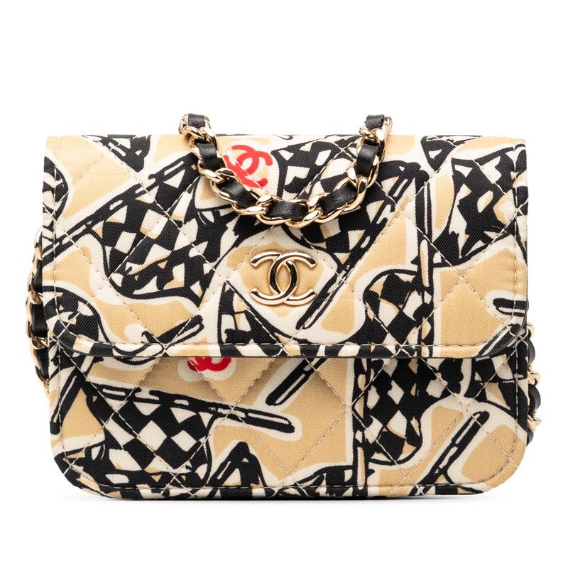 Chanel CC Logo Quilted Checkered Flag Mini Chain Shoulder Bag Beige Cotton