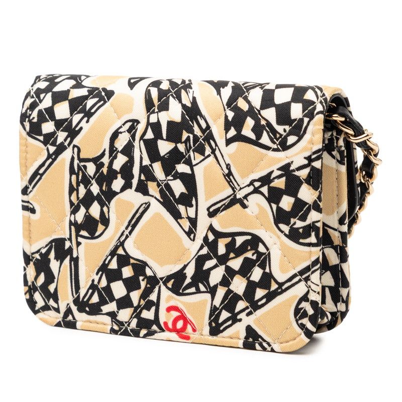 Chanel CC Logo Quilted Checkered Flag Mini Chain Shoulder Bag Beige Cotton — view 2