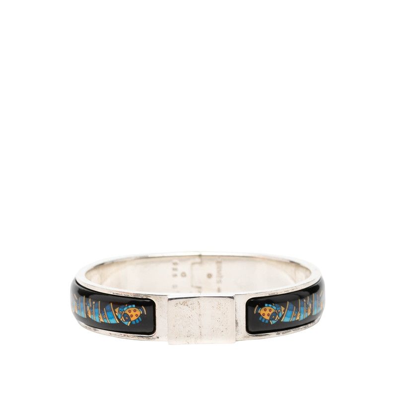 Hermes Enamel PM Location Cloisonne Bangle Silver Black Blue Bracelet