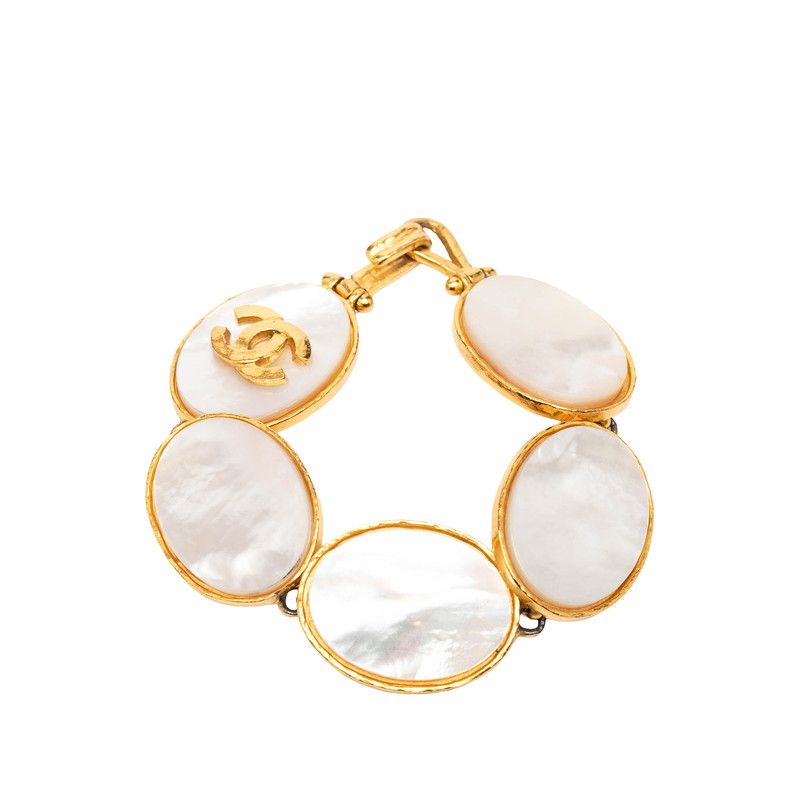 Chanel CC Logo Bangle Gold White Plated Bracelet