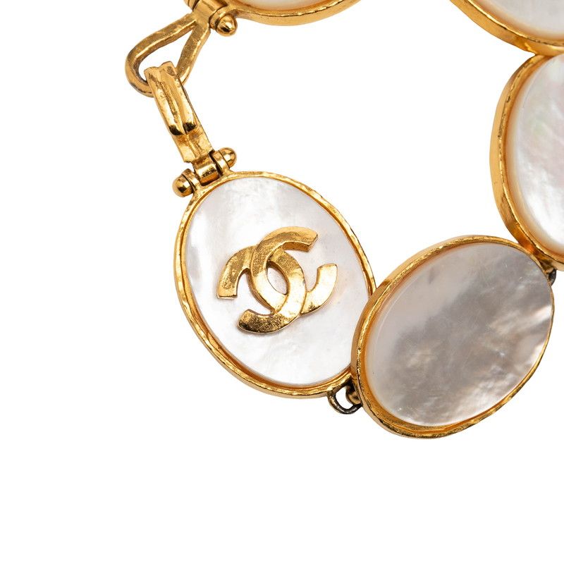 Chanel CC Logo Bangle Gold White Plated Bracelet — view 4