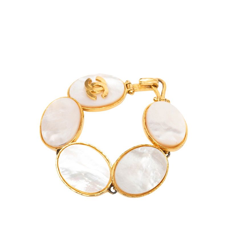 Chanel CC Logo Bangle Gold White Plated Bracelet — view 2