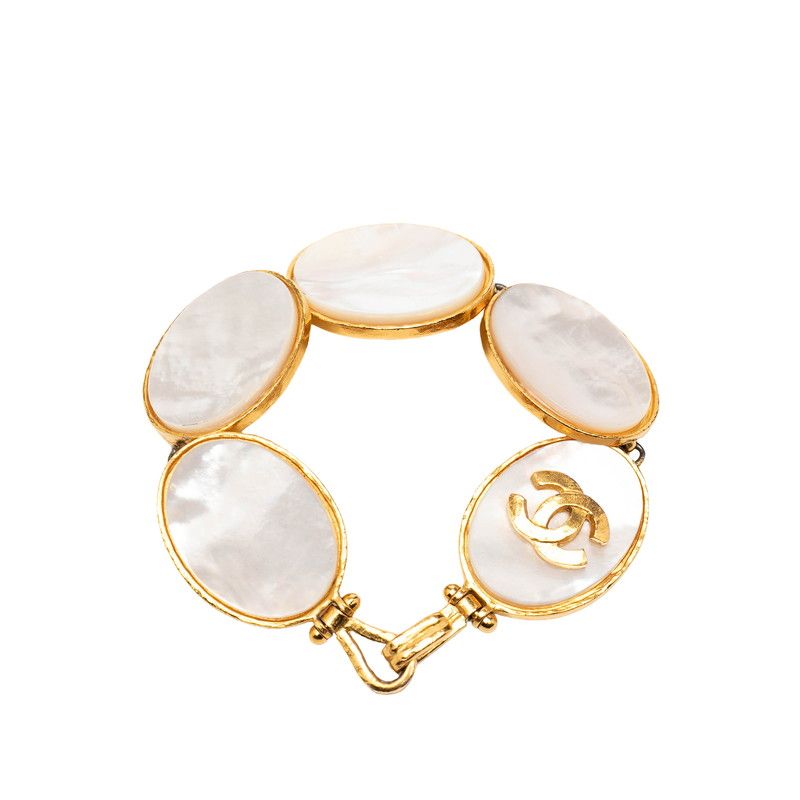 Chanel CC Logo Bangle Gold White Plated Bracelet — view 3