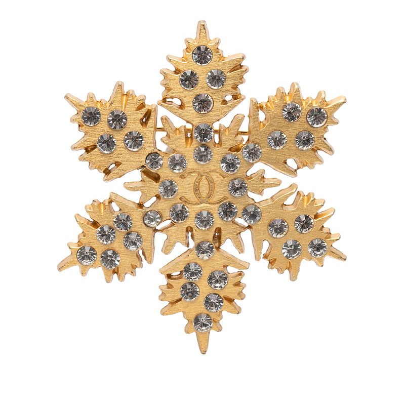 Chanel CC Logo Snowflake Brooch Gold Plated Rhinestone 1