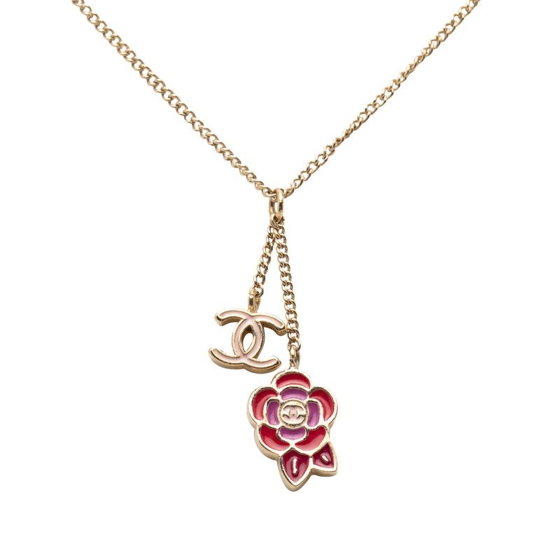 Chanel Camellia CC Logo Flower Motif Necklace Gold Red Pink Plated 1